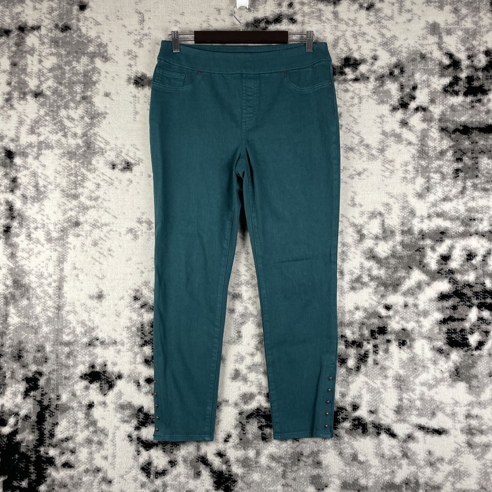 Chicos Ankle Jeggings Womens Size 8 Button Ankle Dark Green/Blue‎ Poly Cotton